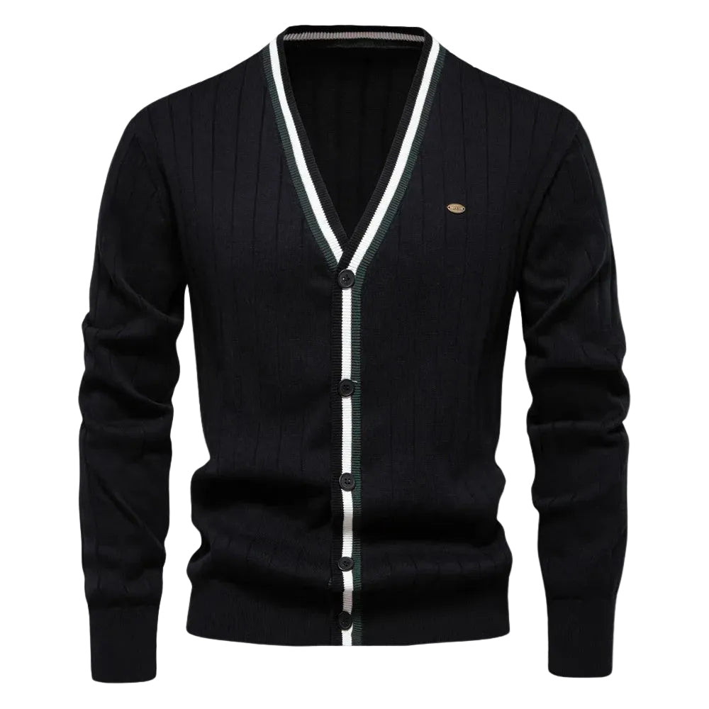Stilren V-ringad herr cardigan för klassiskt herrmode. Bekväm och mångsidig för vardag, höst & vår.