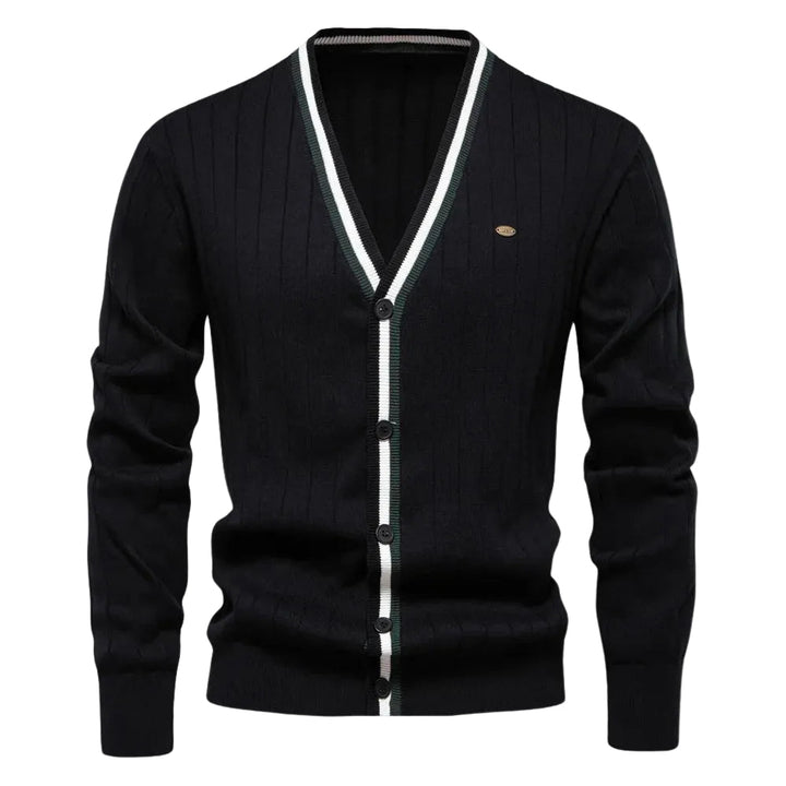 Stilren V-ringad herr cardigan för klassiskt herrmode. Bekväm och mångsidig för vardag, höst & vår.