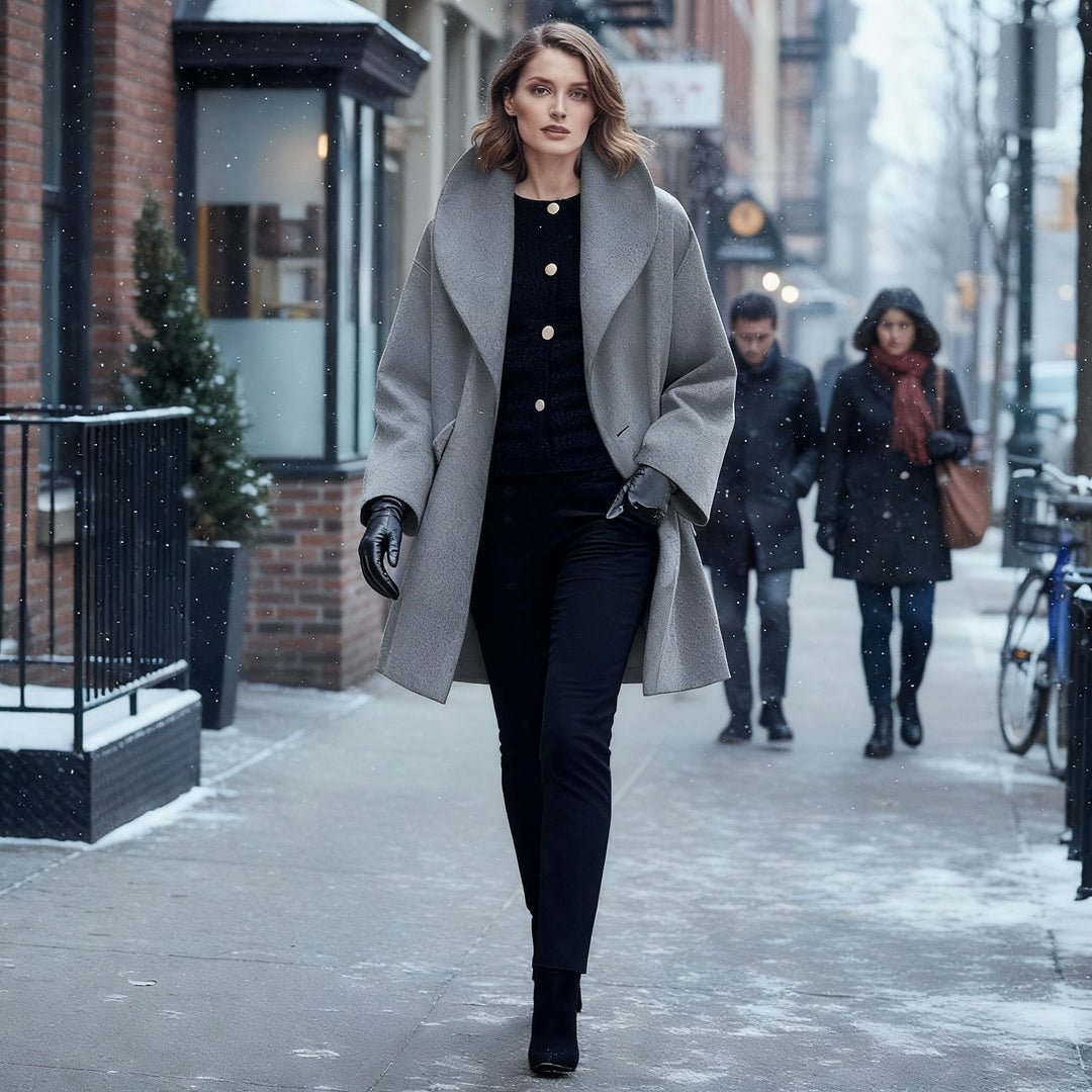 Modern damkappa i lång modell, vindtät övergångsjacka för vår och höst. Stilrent ytterplagg för dammode.