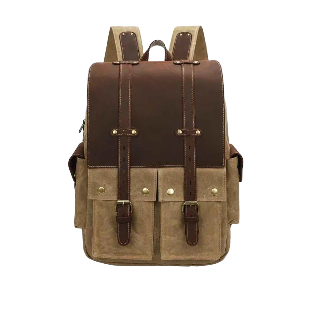 Stilren vintage kameraryggsäck för män i vaxad bomull/läder. Perfekt för fotoutrustning & äventyr.