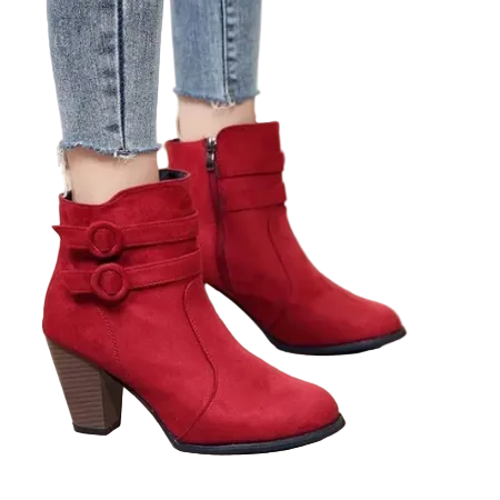 Stilrena ankelstövlar för kvinnor med elegant blockhäl, praktisk dragkedja och dekorativa spännen. Perfekta för höstmode.