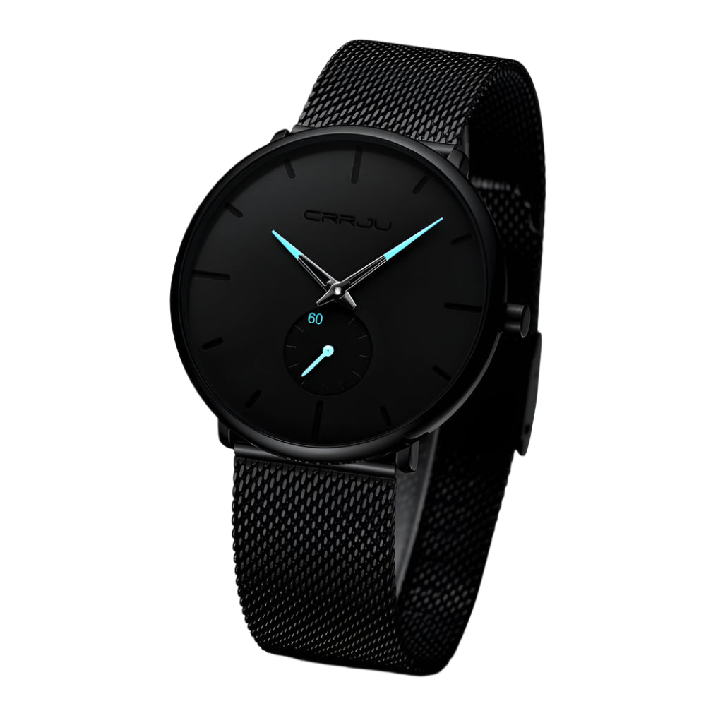 Stilrent stålblått herrur med minimalistisk design och PU-läderband. Analog, elegant armbandsur.
