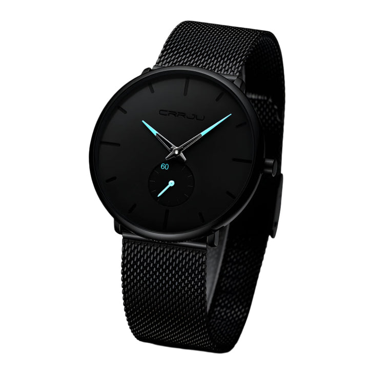 Stilrent stålblått herrur med minimalistisk design och PU-läderband. Analog, elegant armbandsur.