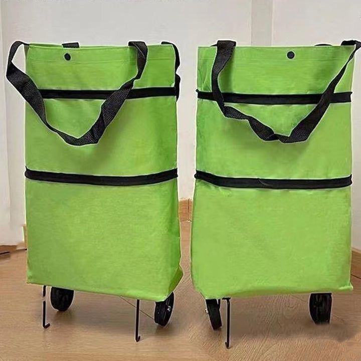 Långvarig hopfällbar rullvagn med hjul. Hållbar design för upprepad användning.