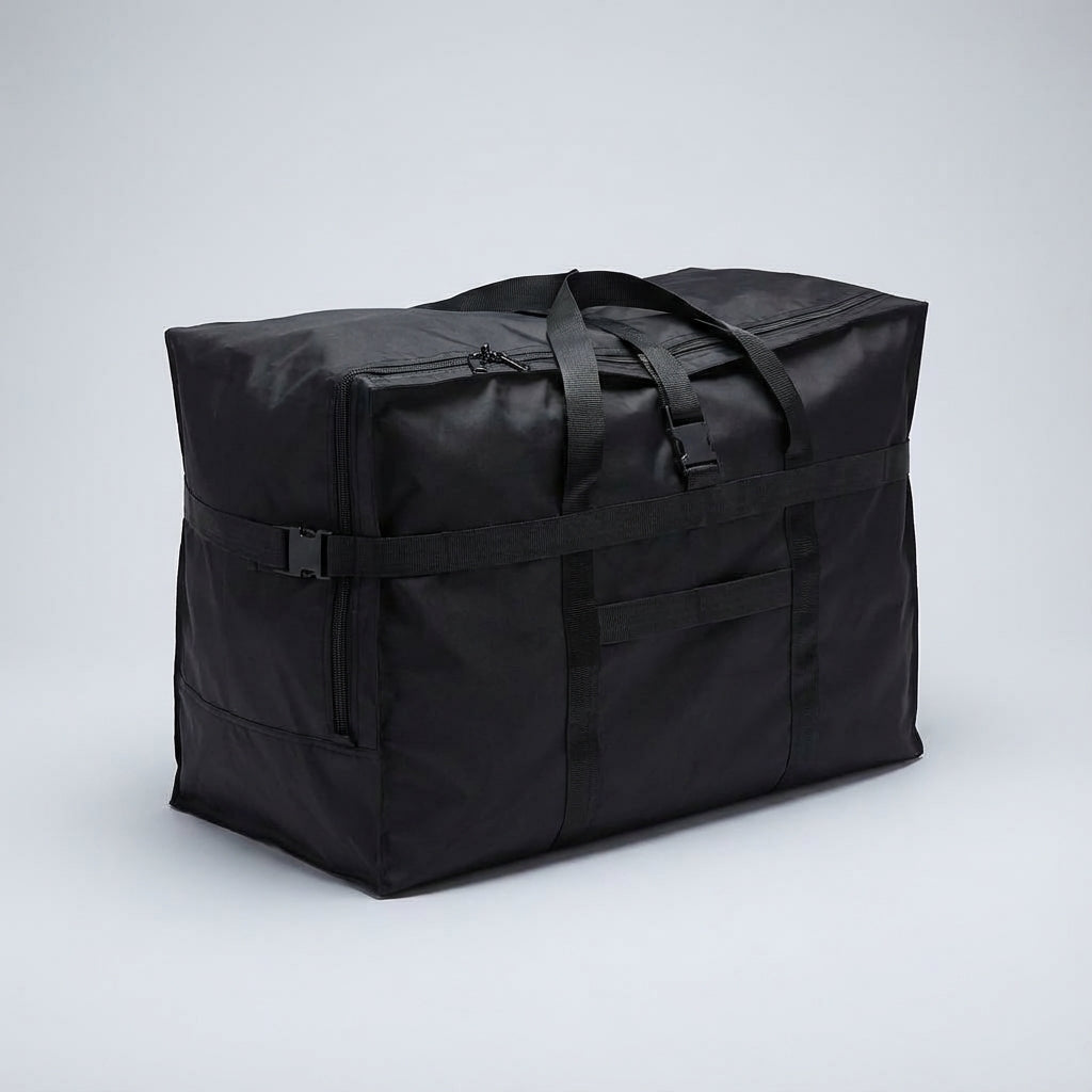 Rymlig weekendväska i mörkgrått tyg med handtag. Hopfällbar design för enkel packning och transport.