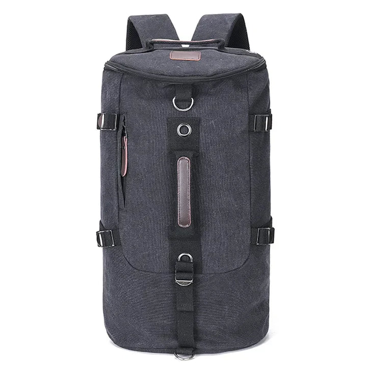 Grå TrailHaven vandringsryggsäck i canvas, stor kapacitet för campingutrustning, praktisk unisex design.
