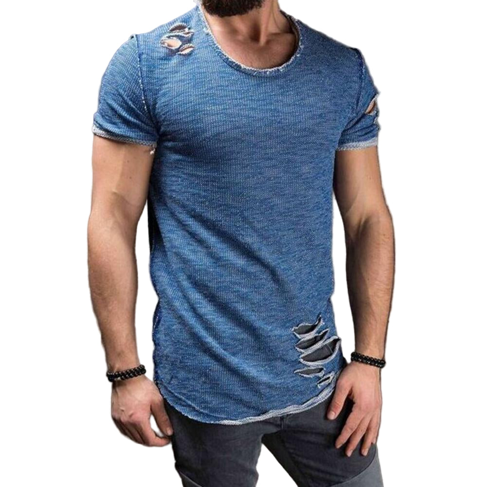 Strimlad herr T-shirt i slimfit bomull, kortärmad, perfekt för sommar och casual mode.