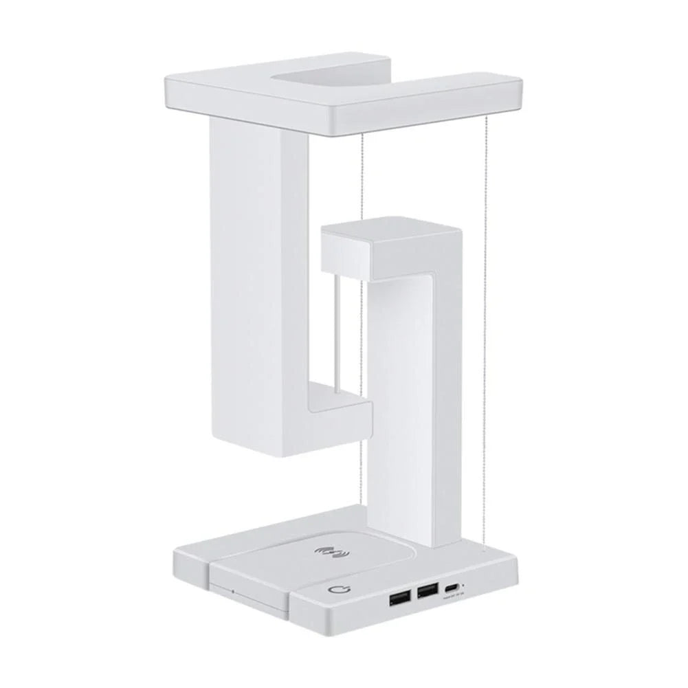 Svävande LED-skrivbordslampa med modern design och USB-laddning, perfekt för kontoret eller heminredning.
