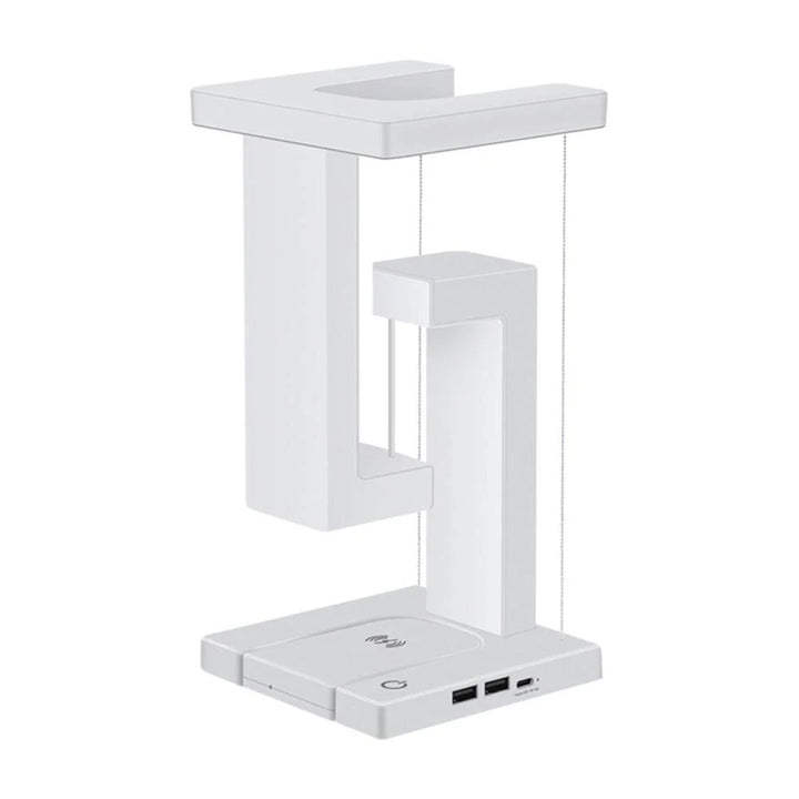 Svävande LED-skrivbordslampa med modern design och USB-laddning, perfekt för kontoret eller heminredning.