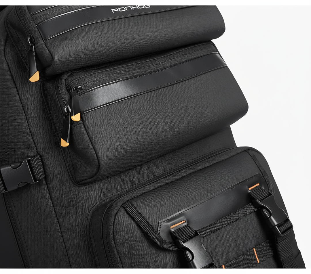 Mångsidig svart 50L reseryggsäck, idealisk som handbagage för äventyr. Robust design med gott om förvaringsutrymme.