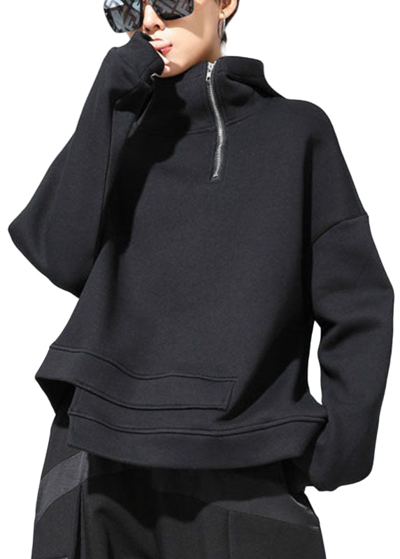 Svart asymmetrisk damtröja med dragkedja, trendig höstsweatshirt för unik vardagsstil.
