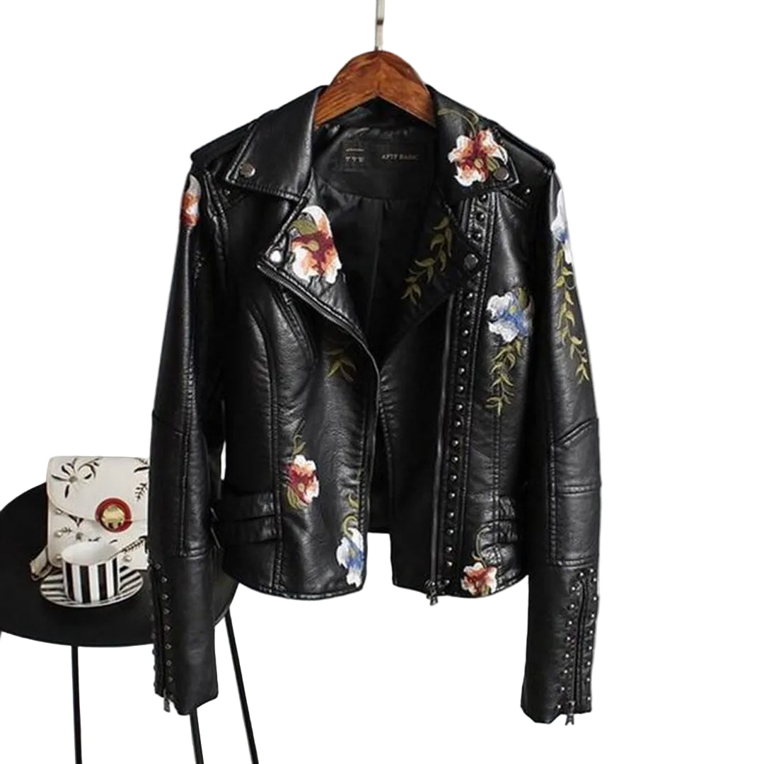 Svart bikerjacka för kvinnor med elegant blommönster och broderade detaljer, perfekt som vår- eller höstjacka.