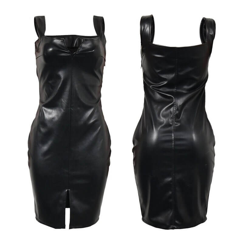 Svart bodycon klänning i läderstil för kvinnor. Elegant och smickrande festklänning.