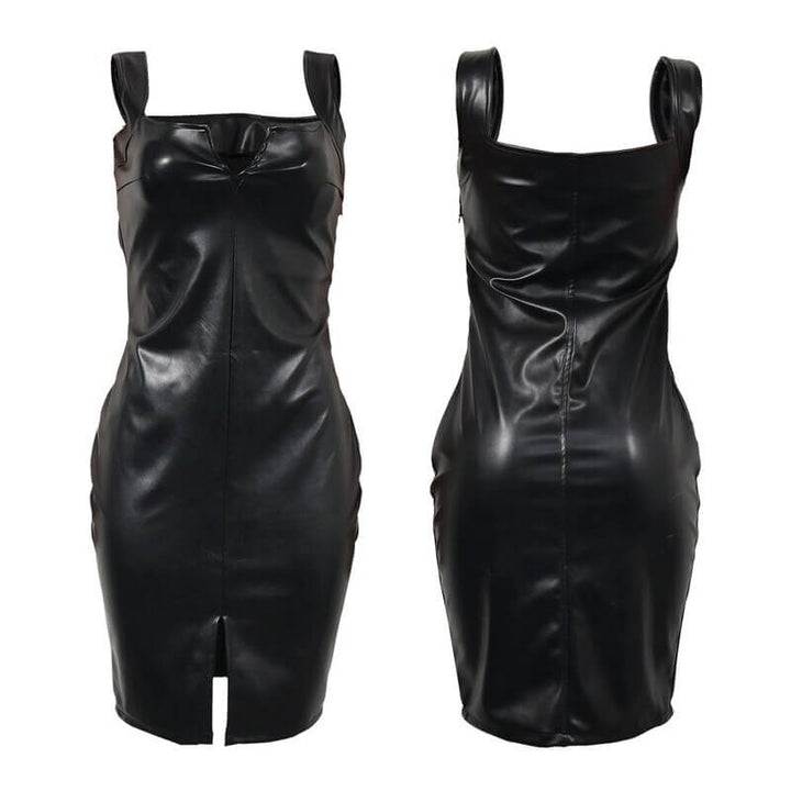 Svart bodycon klänning i läderstil för kvinnor. Elegant och smickrande festklänning.