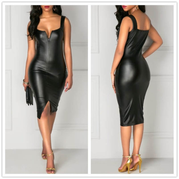 Kvinnors svart bodycon klänning i läderstil. En elegant och smickrande partyklänning.