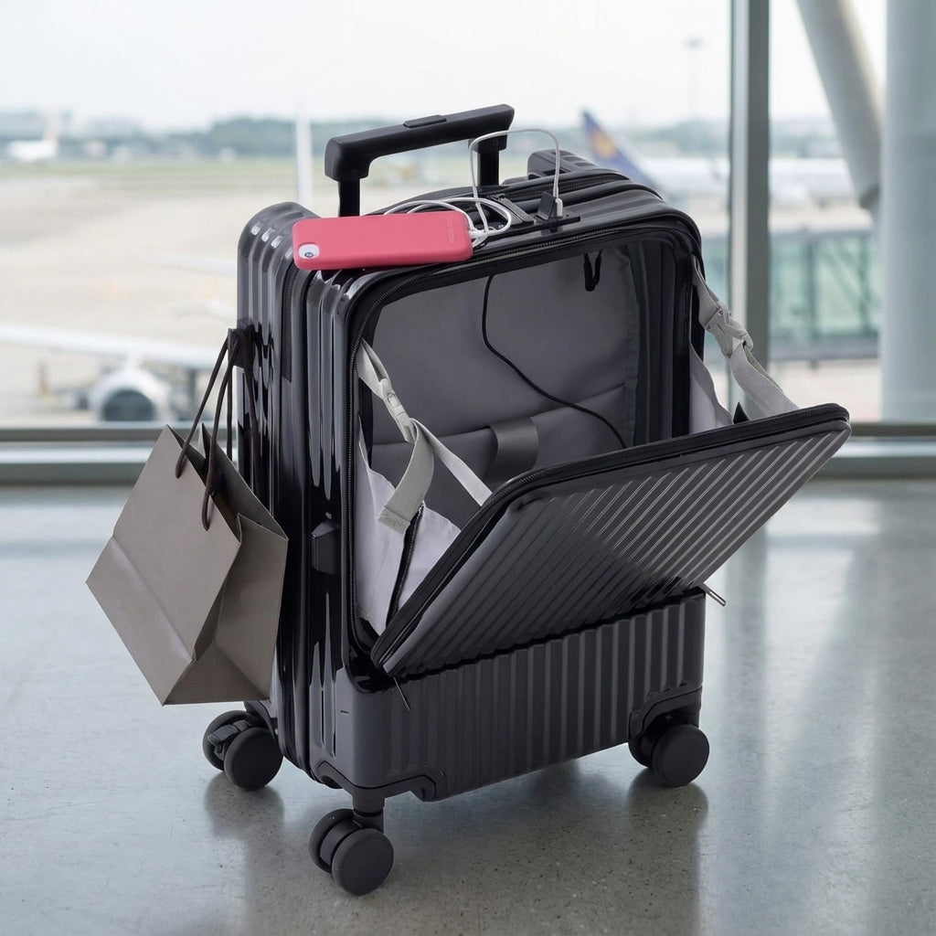 Svart CarryNex kabinkoffert med frontöppning. Perfekt handbagage för smidiga resor.