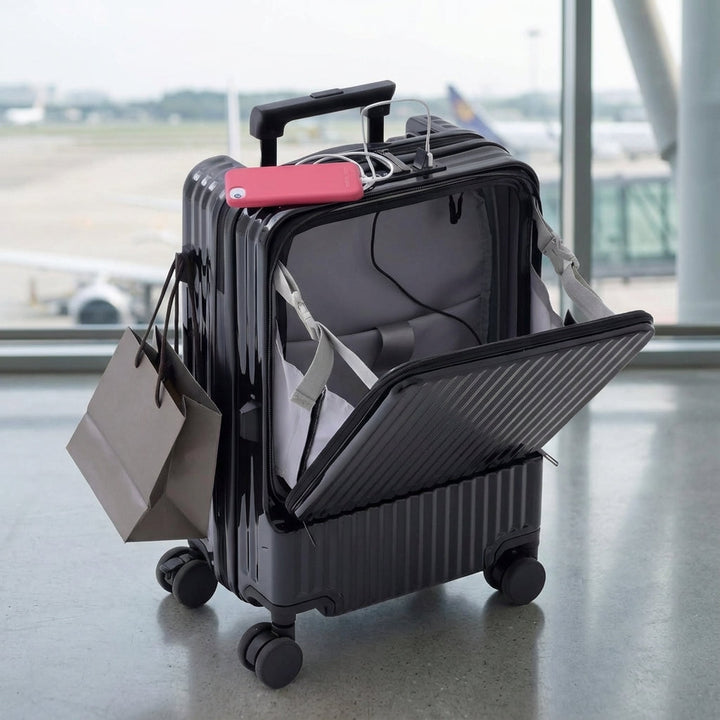 Svart CarryNex kabinkoffert med frontöppning. Perfekt handbagage för smidiga resor.