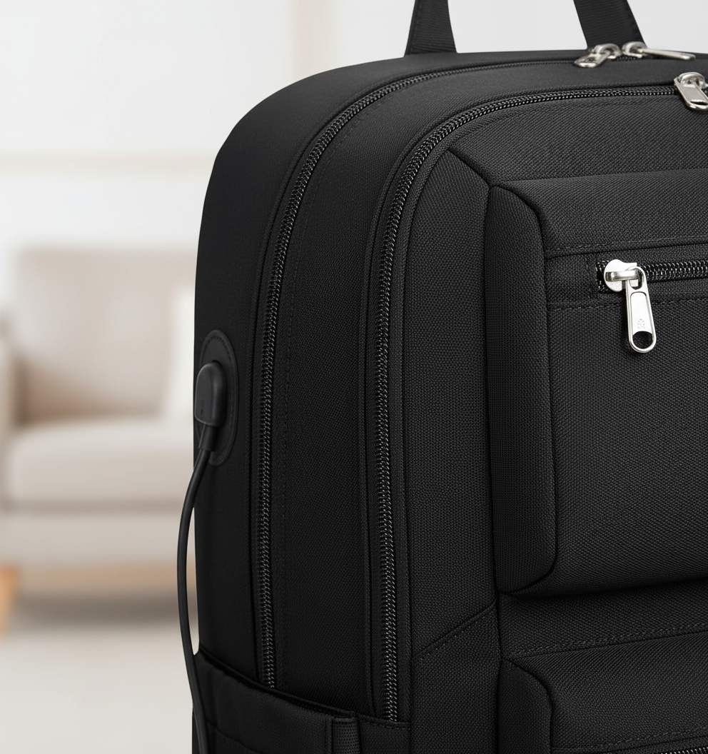 Robust vattentålig ComfortPack ryggsäck med vadderat laptopfack och USB-laddning, idealisk för säkra resor.
