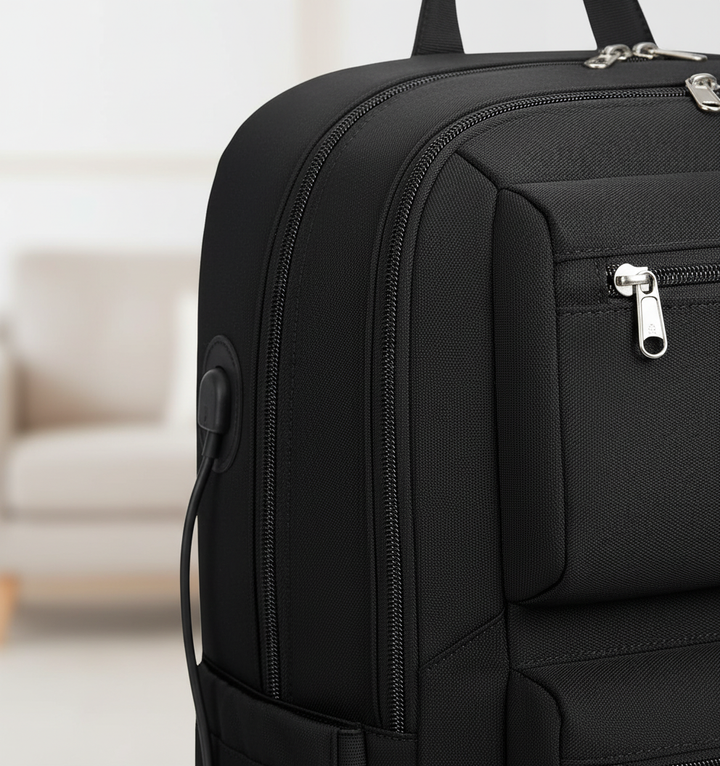 Robust vattentålig ComfortPack ryggsäck med vadderat laptopfack och USB-laddning, idealisk för säkra resor.