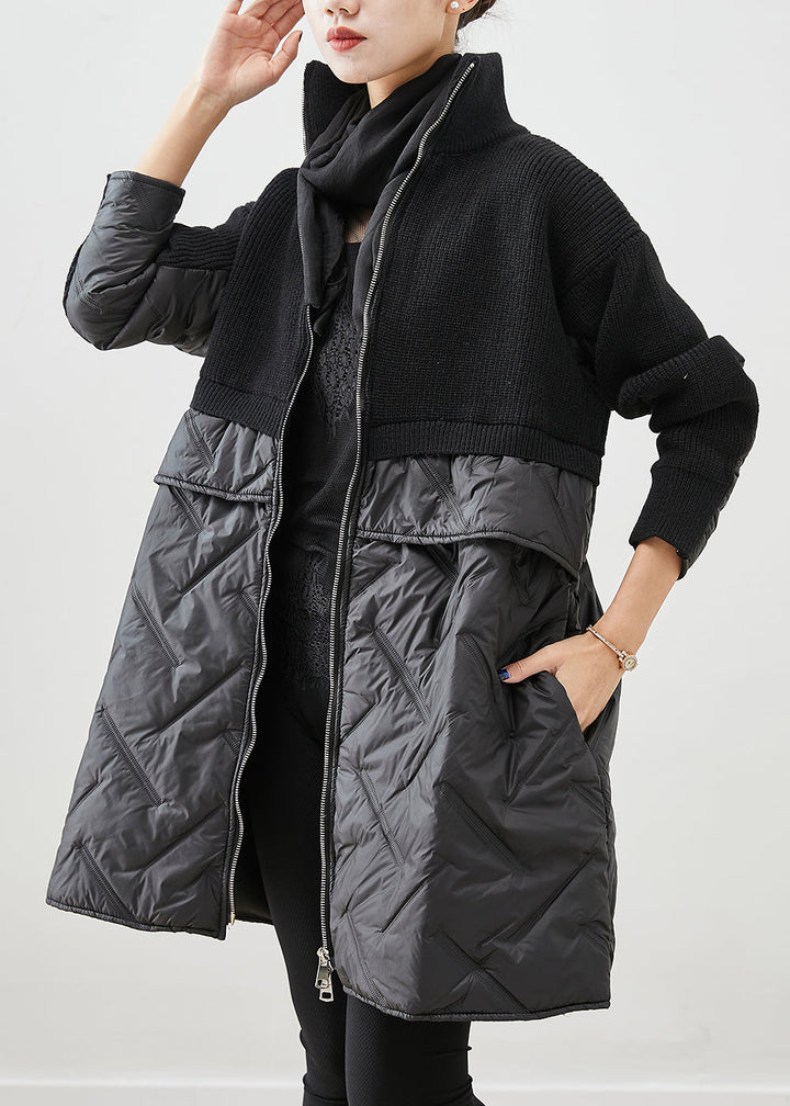Unik svart damkappa med patchwork-design, dragkedja. Stickad, varm vinterkappa med lös passform för dam.
