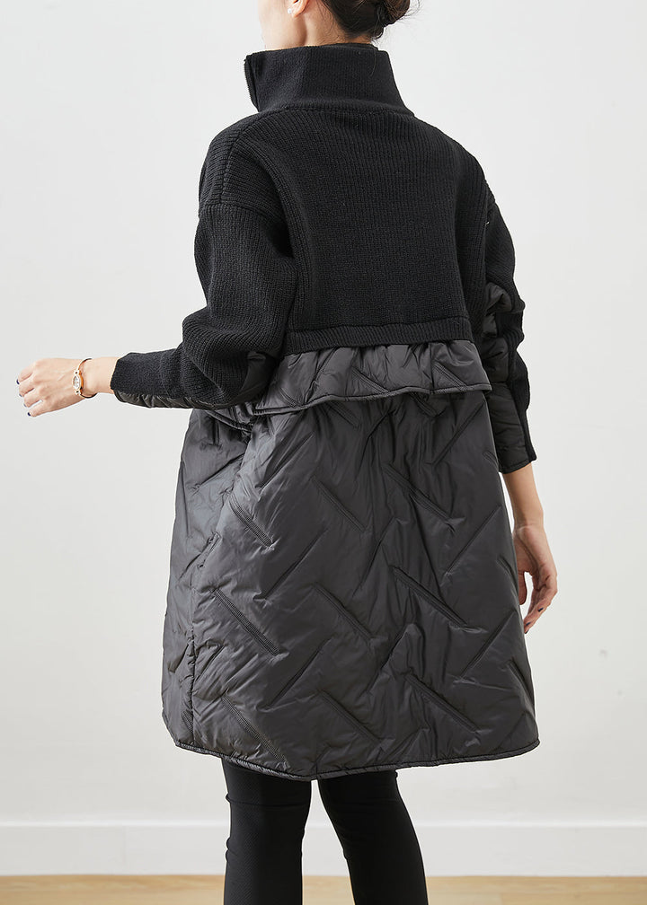 Elegant svart damkappa med dragkedja, patchwork-design. Varm stickad vinterkappa, lös passform för kvinnor.