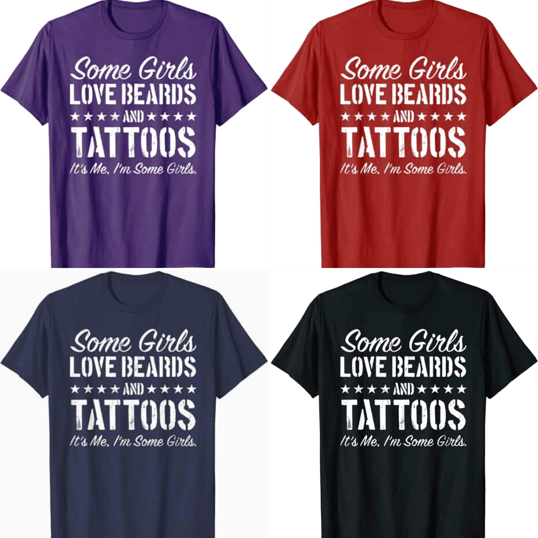 Vit damtshirt med texten "Älskar Skägg & Tatueringar". Modekläder för ett personligt uttryck.