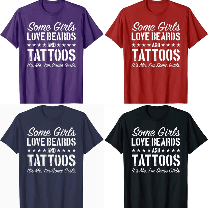 Vit damtshirt med texten "Älskar Skägg & Tatueringar". Modekläder för ett personligt uttryck.