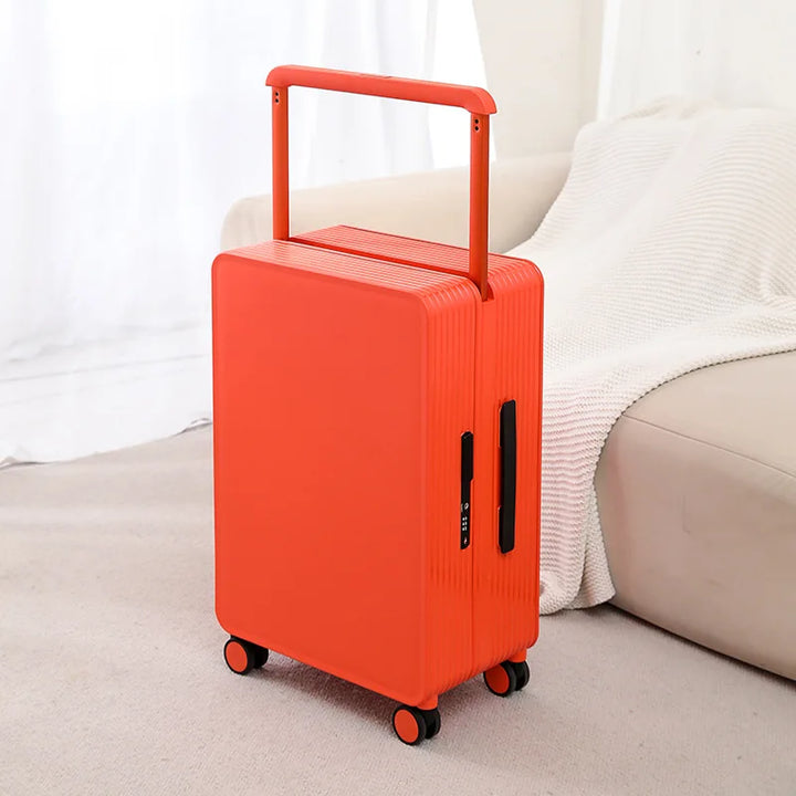 Gul hårdskalsresväska med 360-hjul, ett säkert och stilfullt bagage för äventyr.