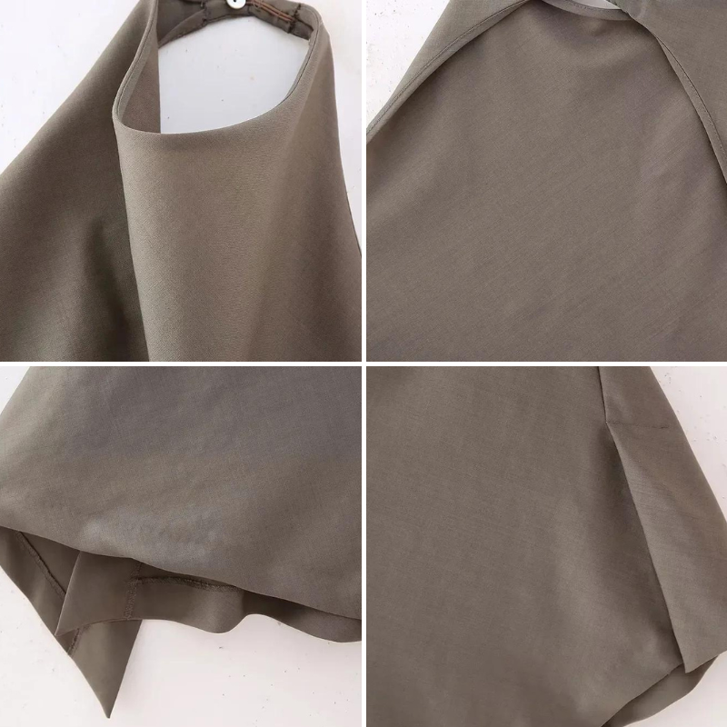 Chic tvådelat damset i brun/svart: elegant haltertopp & bekväma vidbenta byxor. Idealiskt för mode.