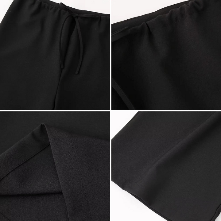 Dam elegant haltertopp & vidbenta byxor set i svart/brun. Trendiga damkläder för fest & sommar.