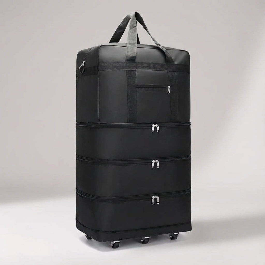 Grön fällbar weekendväska/trolley med hjul, expanderbar för extra bagage och lätt transport.