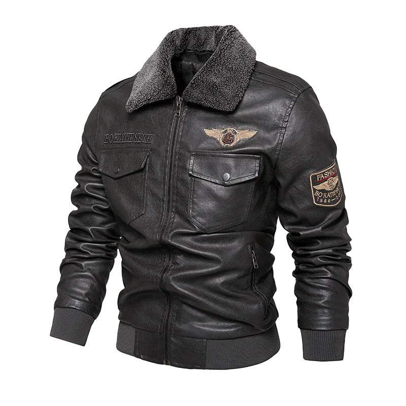Varm herrjacka i bikerstil, grå design, stilsäker och bekväm för höst- och vinterbruk.