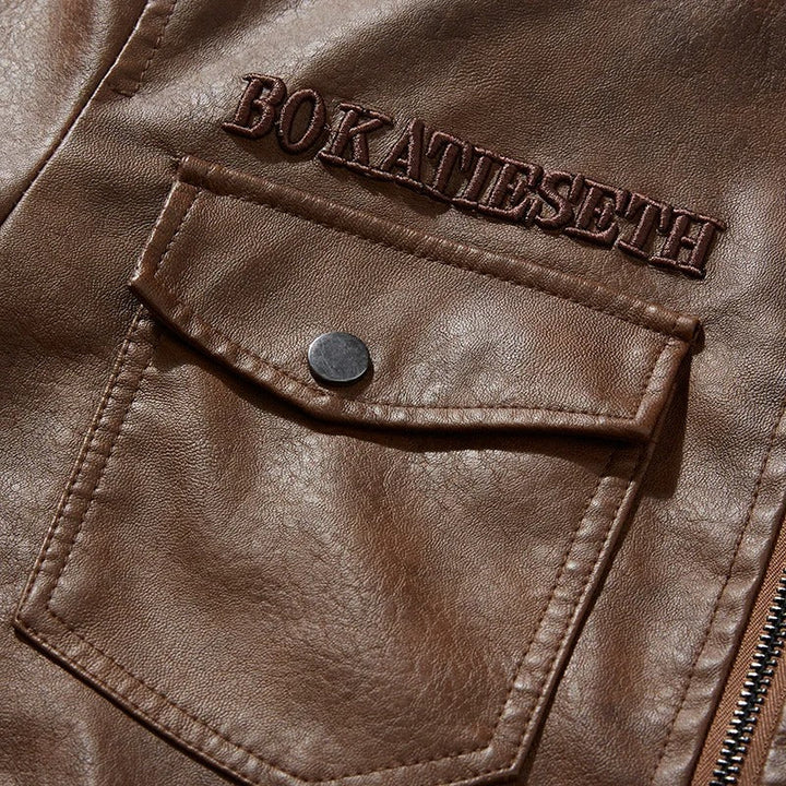 Svart herr motorcykeljacka, stilsäker och varm, perfekt som höstjacka eller vinterjacka.