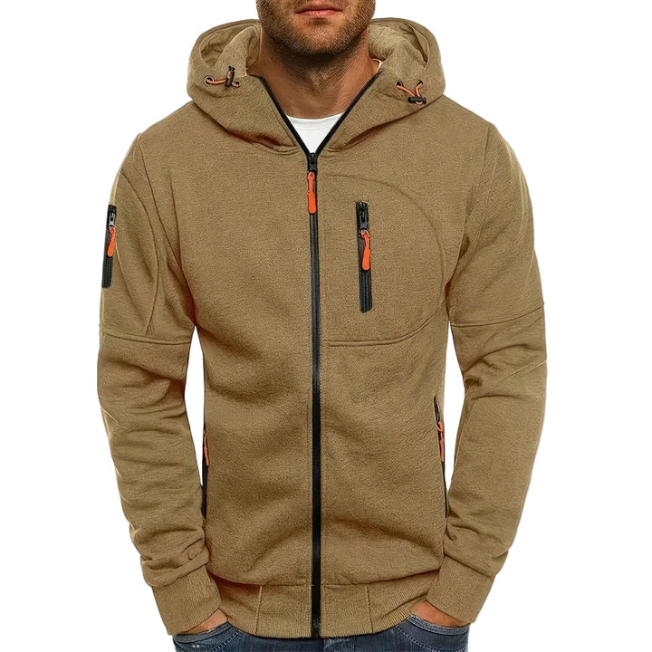 Svart herr zip-hoodie med huva, modern design, dragkedja, i bomullsblandning för avslappnad stil.