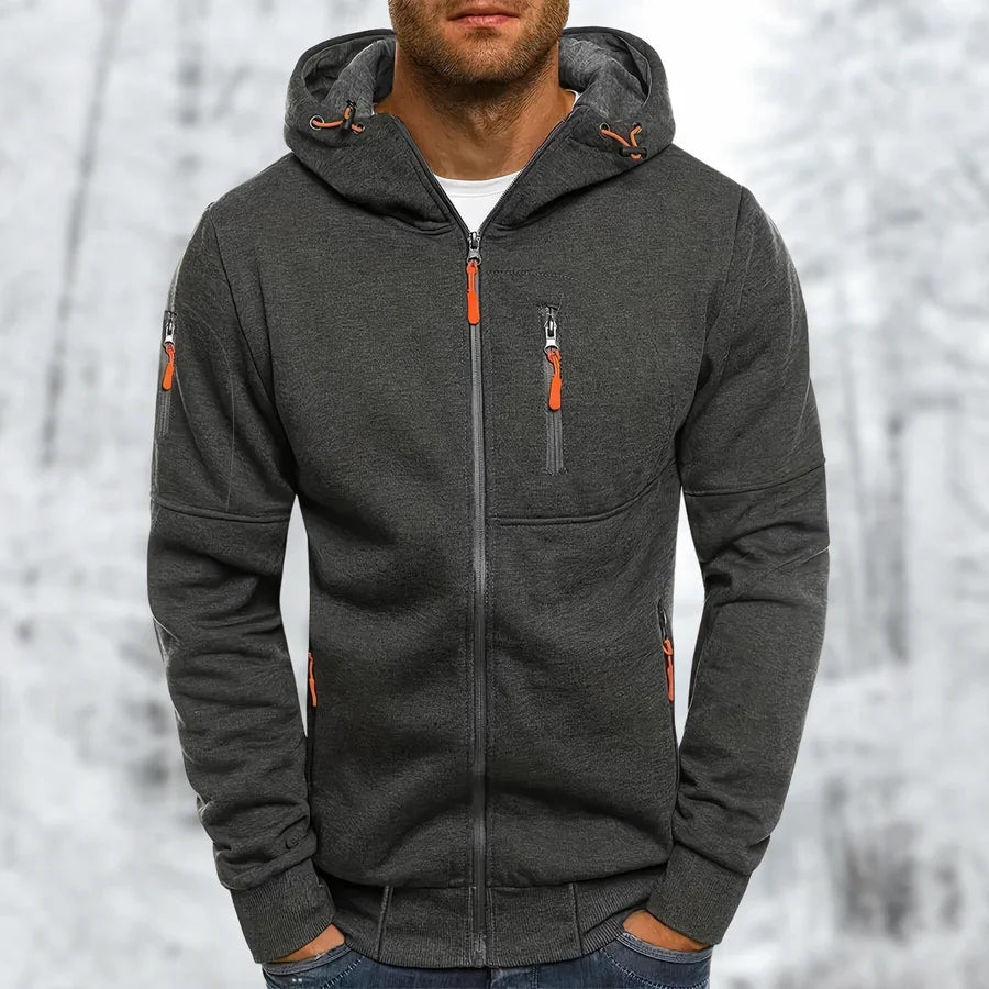 Herr ZIP-hoodie i grått, med huva och dragkedja, bekväm avslappnad stil perfekt för vår och höst.