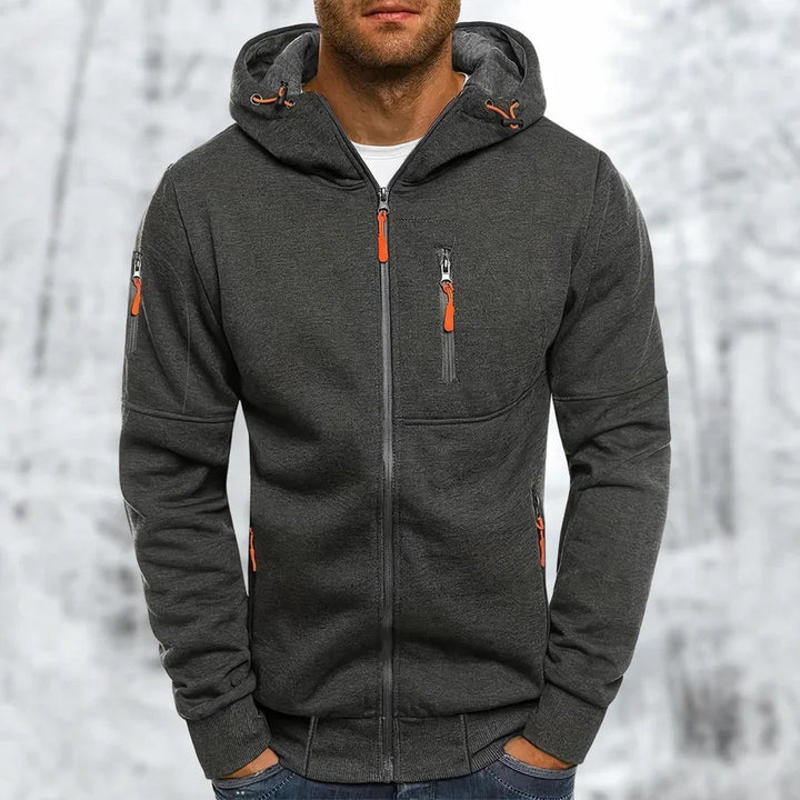 Herr ZIP-hoodie i grått, med huva och dragkedja, bekväm avslappnad stil perfekt för vår och höst.