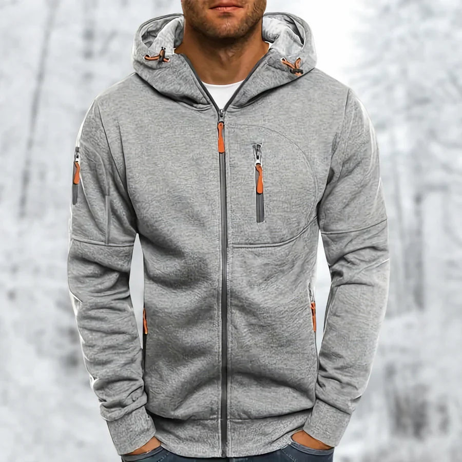 Stilren marinblå herrhoodie med hel dragkedja och huva, i bomullsblandning för fritid och komfort.