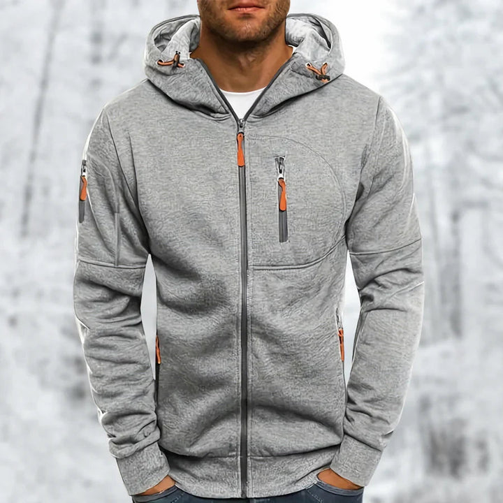 Stilren marinblå herrhoodie med hel dragkedja och huva, i bomullsblandning för fritid och komfort.