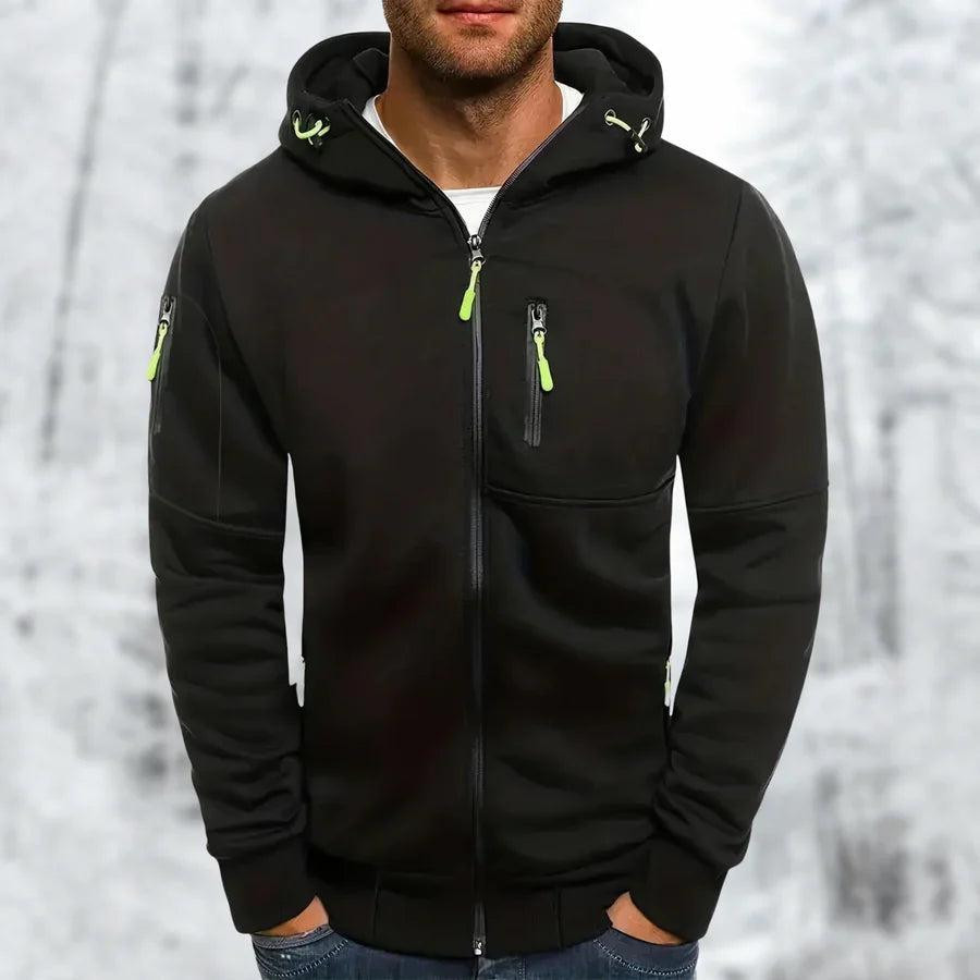 Moderna herr zip-hoodie i armégrönt med huva, funktionell dragkedja, för avslappnad och komfortabel look.