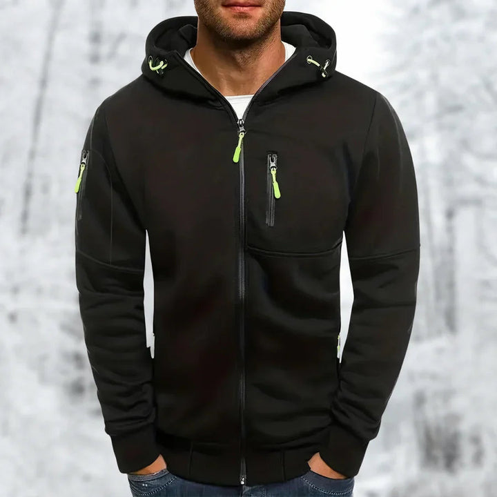 Moderna herr zip-hoodie i armégrönt med huva, funktionell dragkedja, för avslappnad och komfortabel look.