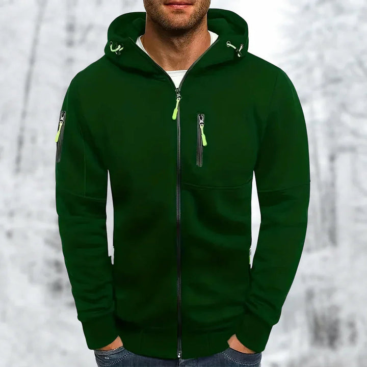 Vår/höst herr zip-hoodie med huva i svart, bekväm bomullsblandning, perfekt för fritidsbruk.