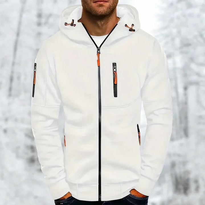 Detaljbild av bomullsblandningstyget på en herr zip-hoodie, som betonar komfort och kvalitet.