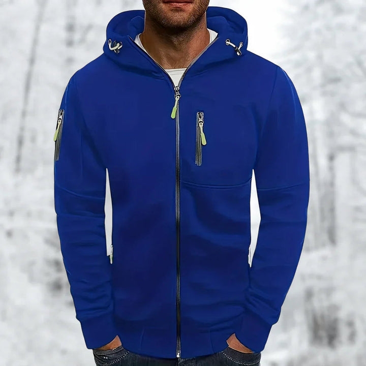 Herr zip-hoodie med huva i mörkblått, presenterad platt, framhäver dess dragkedja och stilrena design.