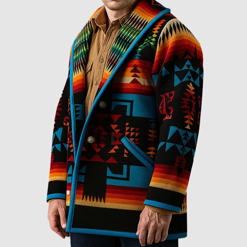 Stilig långärmad herrkappa med svart geometriskt mönster. Knappstängning, avslappnad passform för casual herrmode.