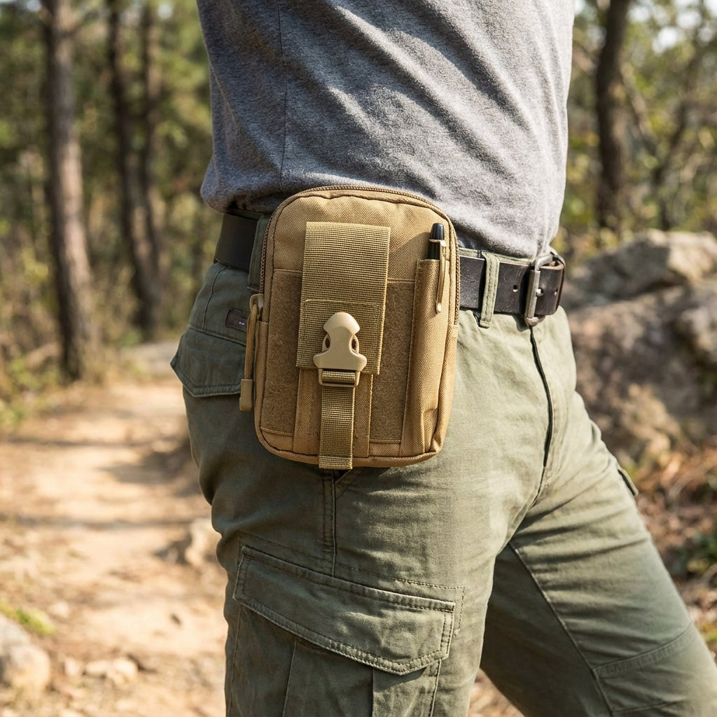 Svart kompakt taktisk MOLLE ficka för äventyr. Slitstark bältesficka för verktyg & outdoor utrustning.