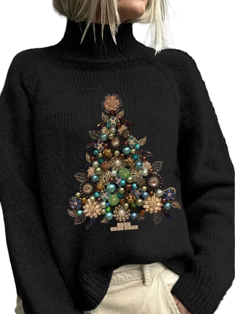 Svart kvinnors jultröja med hög krage och festligt julgranstryck, perfekt för mysiga vinterdagar.