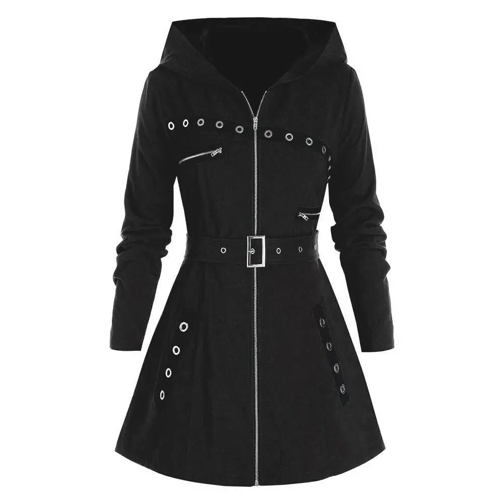 Svart lång hoodie-kappa för kvinnor, mysig och stilren. Perfekt för casual höst- och vintermode.