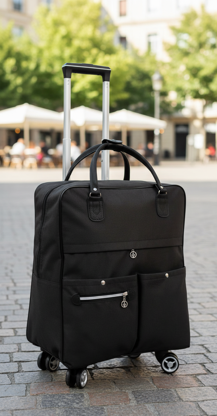 Svart lättvikts handbagage i oxfordtyg, perfekt för resor. Flygplansgodkänt med optimal bekvämlighet.