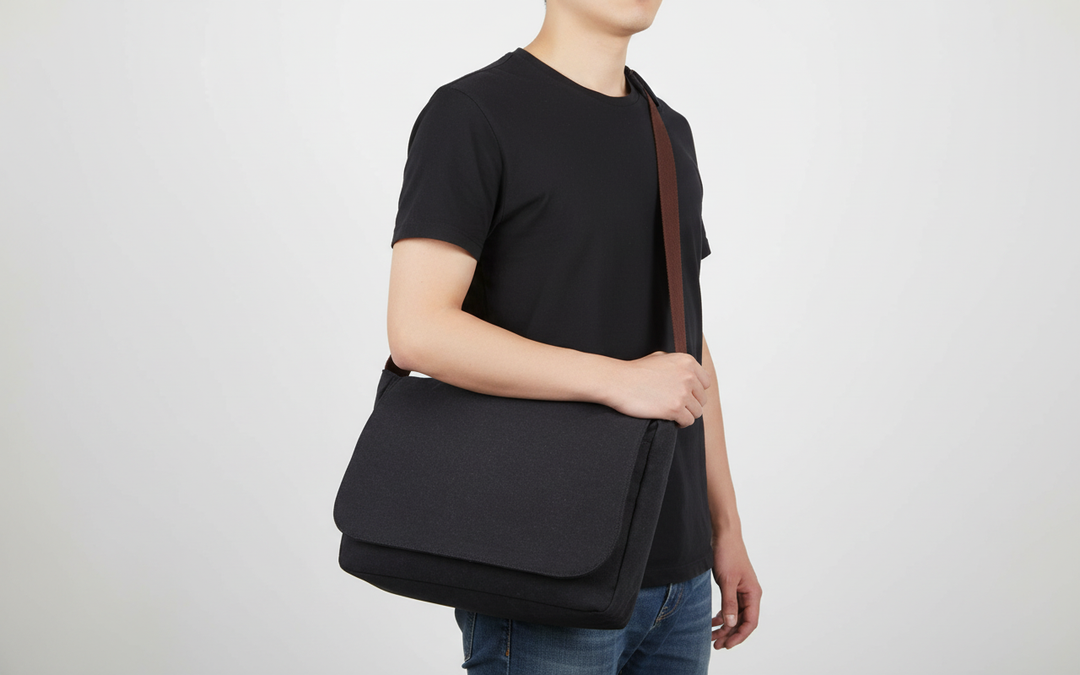 Unisex svart axelväska, idealisk laptopväska eller budväska med organiserade fack för jobb & vardag.