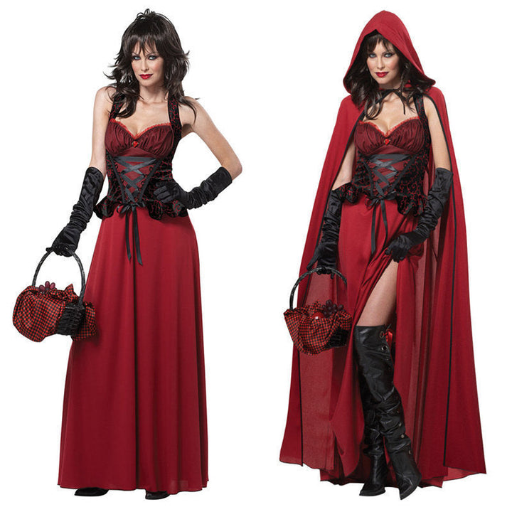 Svart maxiklänning med korsett och kapuzenumhang. Perfekt damklänning för maskerad, fantasy eller halloweenkostym.